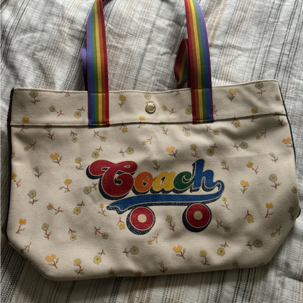 Coach Cream Tote with Rainbow Accents